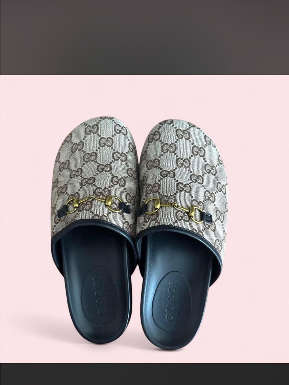 Gucci Beige GG Canvas Horsebit Mules with Black Insole